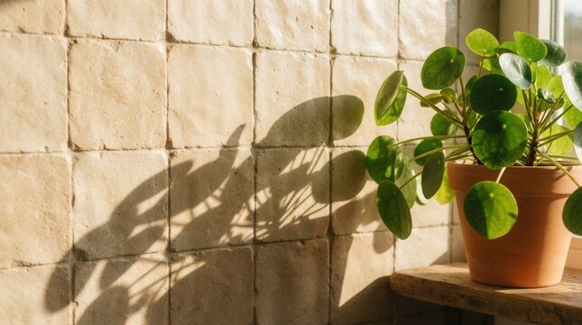 Close-up tiled wall plant right side Green leafy casting long dramatic shadows on warm beige