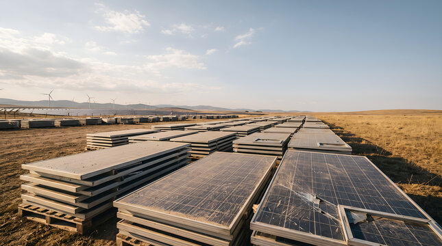 End-of-life solar panels in storage, illustrating renewable energy waste, circular economy, ESG responsibility and sustainable technology management.
