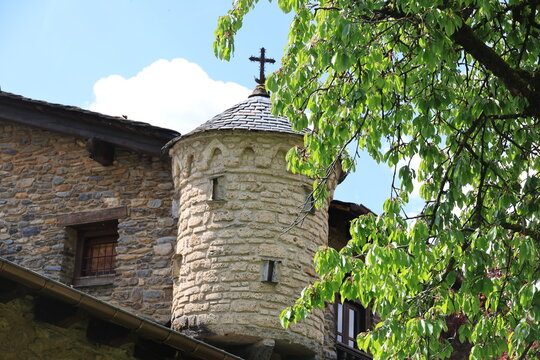 Corner tower of Areny-Plandolit House-Casa d'Areny-Plandolit in Ordino, Andorra   