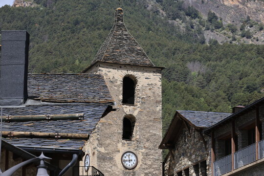 Bell tower of the Romanesque church of Sant Corneli and Sant Cebria in Ordino, Andorra  
