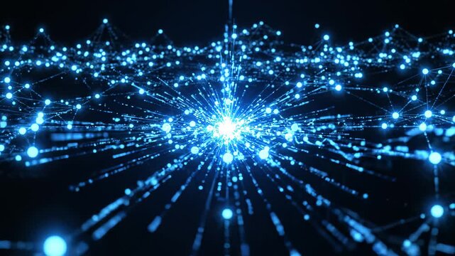 Dynamic Blue Digital Network with Glowing Nodes and Expanding Connections