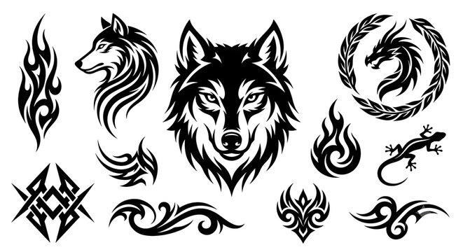 Tribal Tattoo Elements: A collection of striking tribal-inspired designs including a wolf head, dragon, lizard, and abstract flame motifs, perfect for graphic resources and custom art.