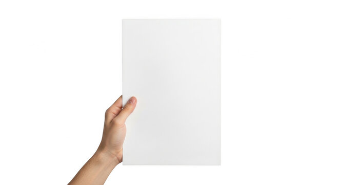 Hand holding a blank sheet of paper isolated on transparent background