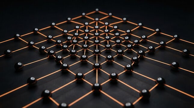 Group black circular objects arranged grid-like Abstract network of glowing orange energy lines connecting dark