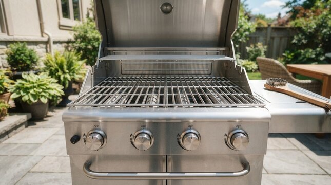 Close-up gas grill patio is made Modern stainless steel in a clean backyard BBQ