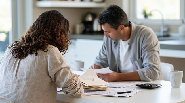 Western European couple photographed from behind sorting stack of envelopes and bills at bright home office desk, faceless rear view, envelope budgeting method, calculator, clean d
