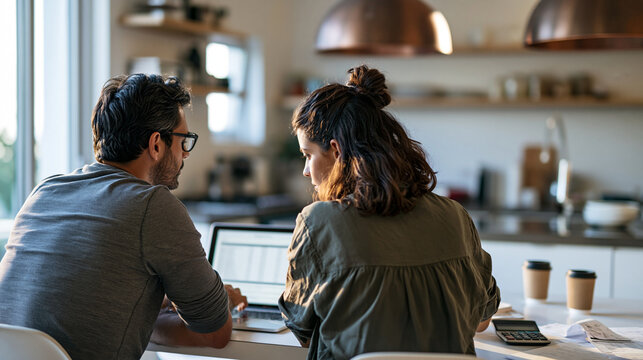 Young Western European couple photographed from behind reviewing monthly budget spreadsheet on laptop at kitchen table, faceless rear view, morning light, coffee cups nearby, calcu