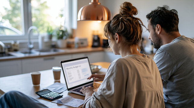Young Western European couple photographed from behind reviewing monthly budget spreadsheet on laptop at kitchen table, faceless rear view, morning light, coffee cups nearby, calcu