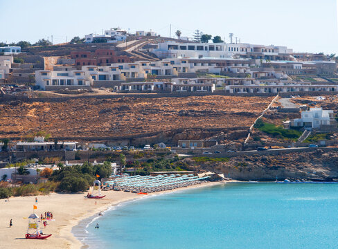 Beach Paralia Kalo Livadi on Mykonos island in Greece.