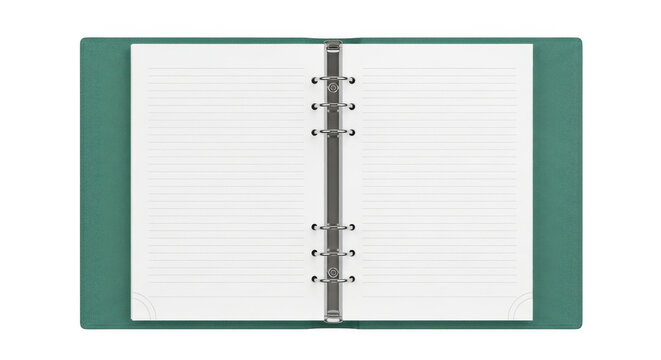 Open green ring binder notebook with lined pages isolated on transparent background