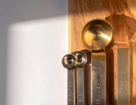 Gold measuring spoons on wooden cutting board.