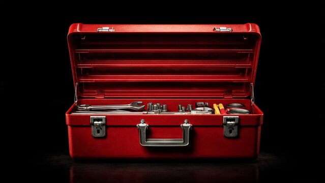 Open red metal tool box filled with various hand tools isolated on a solid black background equipment maintenance hardware mechanic construction