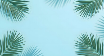 Top view of green tropical palm leaves arranged as a frame on a solid light blue background with copy space © MDARIFUL