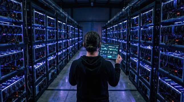 Hacker or system administrator monitoring server rack data center, holding tablet with network graphs, cryptocurrency mining farm, big data storage facility, dark cybersecurity