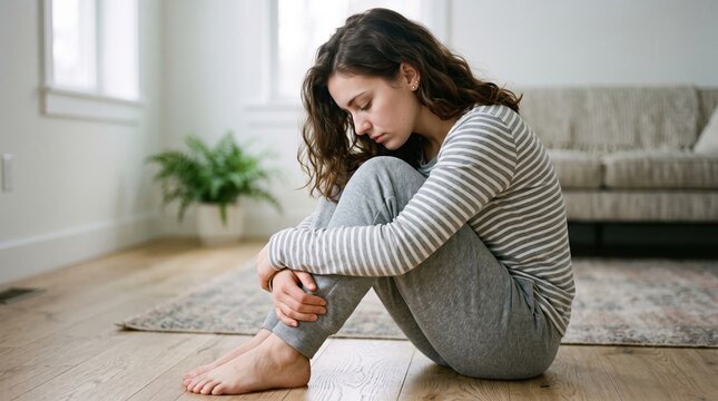 Sad young woman sitting alone on living room floor hugging knees feeling lonely and depressed with depressed, melancholy
