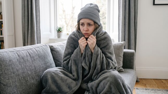 Woman wrapped in gray blanket sitting on sofa feeling cold and shivering at home with shivering temperature freezing