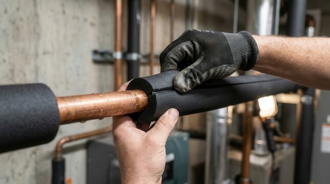 Hands applying black foam insulation around a horizontal copper pipe