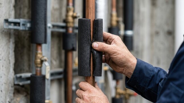 Close-up shot of a technician applying black foam insulation around a vertical copper pipe