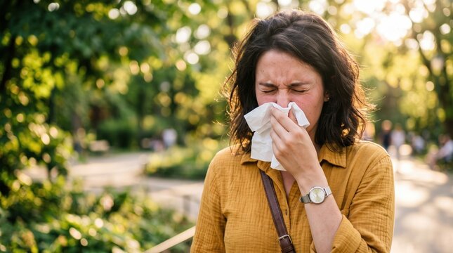 Woman blowing her nose with a tissue outside in a park suffering from seasonal allergies sneezing hayfever sickness