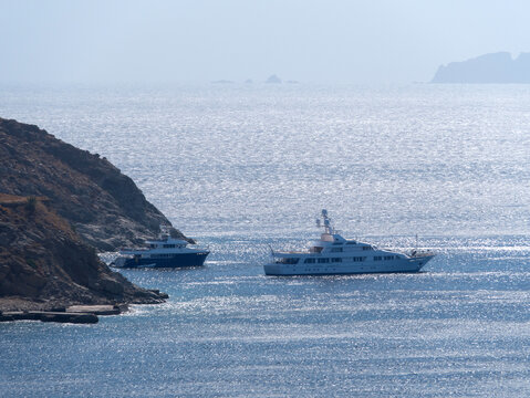 Beautiful yacht in Aegean Sea on Mykonos island in Greece