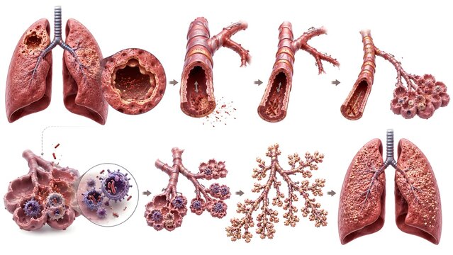 Bronchogenic Spread of Pulmonary Tuberculosis Medical Illustration with Cavitary Lung and Tree in Bud Progression
