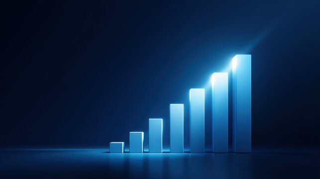 Rising bar graph shows compound interest growth, blue 3d chart on dark background, financial increase concept