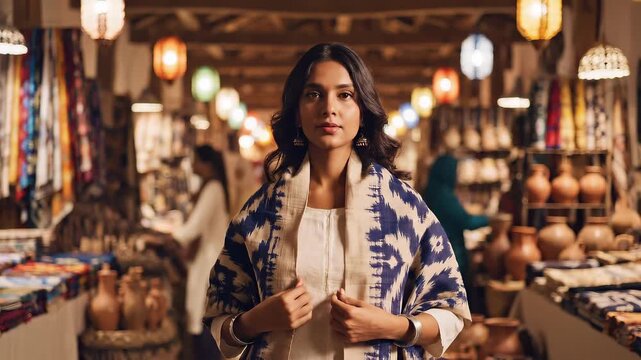 Woman Draping Traditional Ikat Shawl in Vibrant Market