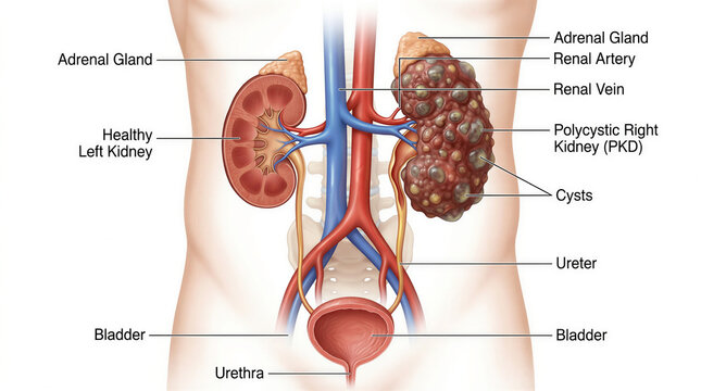 Polycystic Kidney Disease Explained A clear anatomical illustration detailing the urinary system contrasting a healthy kidney with one severely affected by polycystic kidney disease PKD