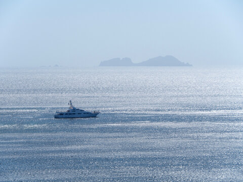 Beautiful yacht in Aegean Sea on Mykonos island in Greece