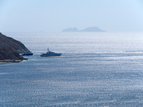 Beautiful yacht in Aegean Sea on Mykonos island in Greece