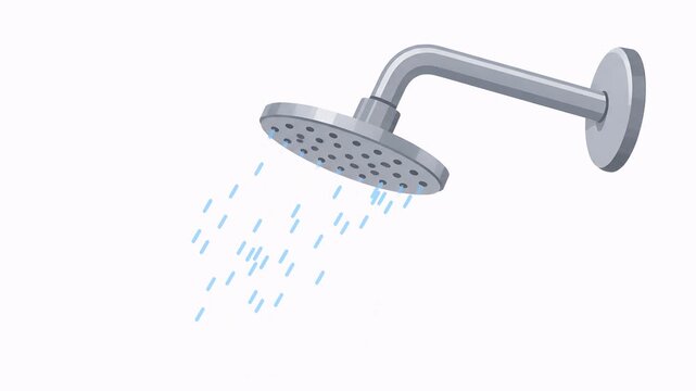 Bathroom shower head with running water drops flashing loop animation footage for household hygiene, plumbing fixtures and water conservation explainer clips. Metallic shower head spraying clean water