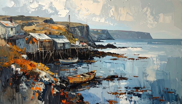 Painting of Coastal Fishing Village at Low Tide.