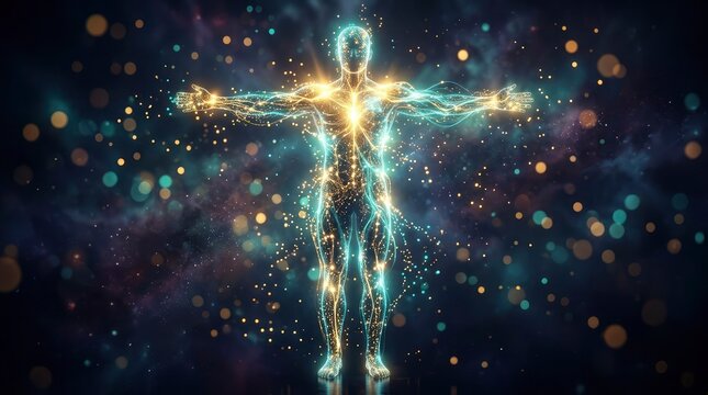 A glowing humanoid figure standing in a t pose surrounded by abstract digital energy particles and light