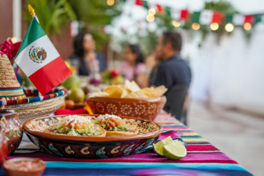 Mexican cuisine with sopes, lime and flag celebrating Independence Day at outdoor party.