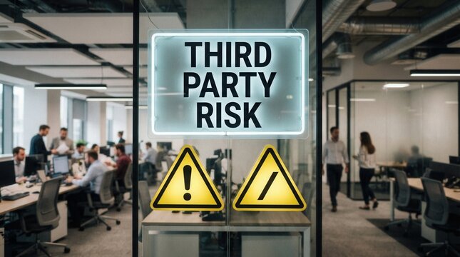 Modern office space glass walls desks Third party risk management cybersecurity warning alert system identifying external