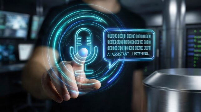 A businessman interacting with a digital holographic microphone icon representing voice recognition technology and modern communication concepts