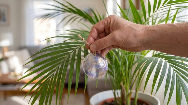 Hand hanging iridescent capiz shell ornament onto potted areca palm branch. Holiday decoration concept