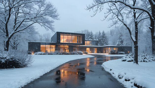 Modern suburban home in winter with warm interior lighting