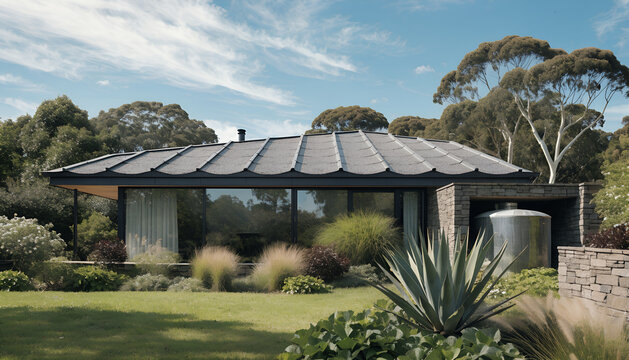 Modern sustainable home with rainwater harvesting system