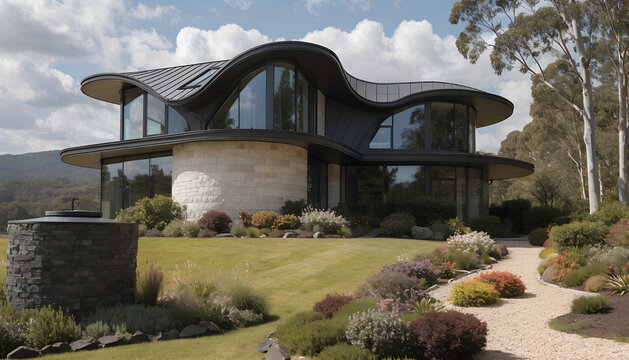 Modern sustainable home with rainwater harvesting system