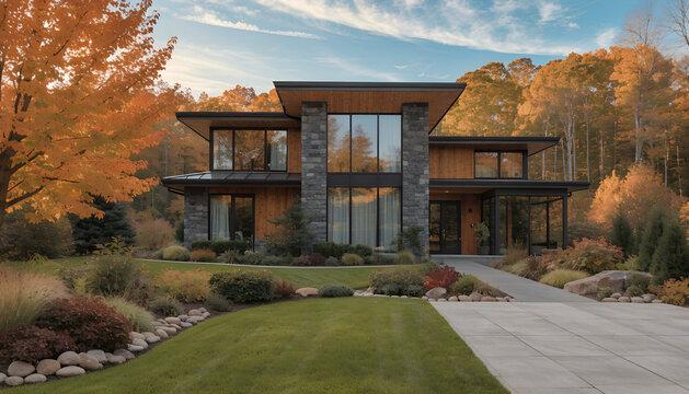 Modern suburban home with colorful autumn landscaping