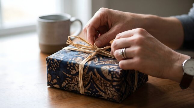 Hand wrapping gift box with batik patterned paper and raffia twine. Gift decoration concept