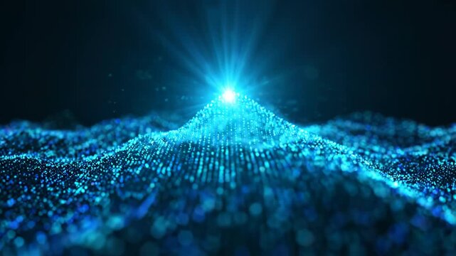 Blue Particle Wave with Glowing Peak Rising in Digital Landscape