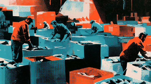 Riso Print Illustration of Fish Market Workers at Dawn.