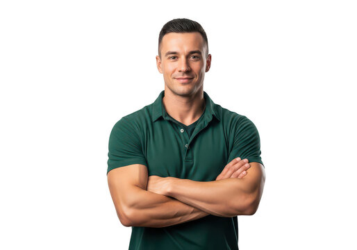Muscular man in green polo shirt standing with crossed arms isolated on transparent background
