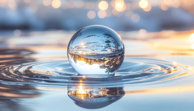 ウェルネスやブランド広告の世界観を洗練させる、水面に浮かぶガラス玉と広がる波紋