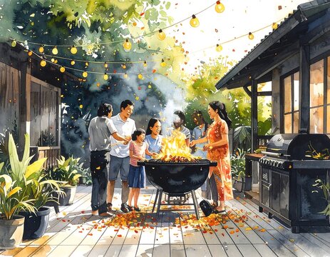 A happy family gathering together for a backyard summer barbecue grill party.