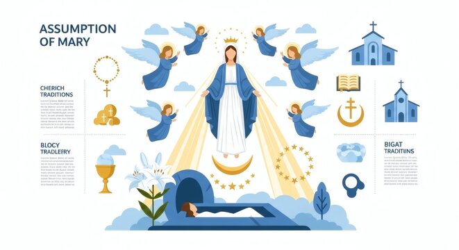 Assumption of Mary Infographic Poster with Catholic Symbols and Doctrinal Highlights