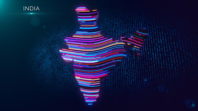 Futuristic digital artwork of a colorful extruded India map with glowing wavy lines, abstract technology background, dot grid, cinematic lighting, and India title text.