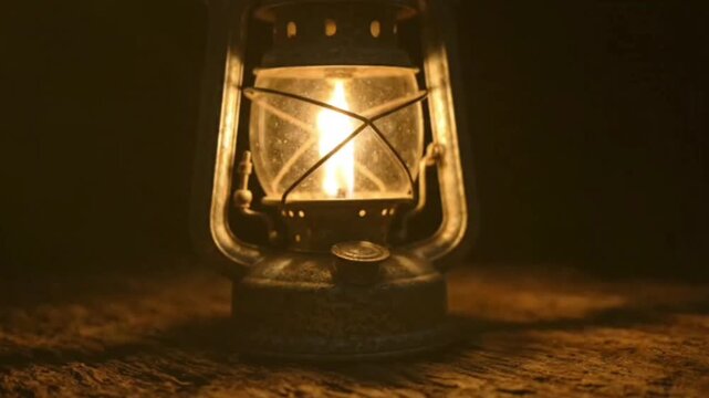 Classic kerosene lamp emits warm glow on rustic wooden surface in dimly lit room setting showing vintage lighting tool for cozy atmosphere in cinematic footage.